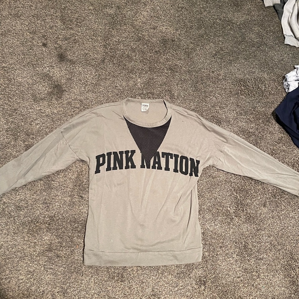 Olive green pink crewneck with mesh neckline